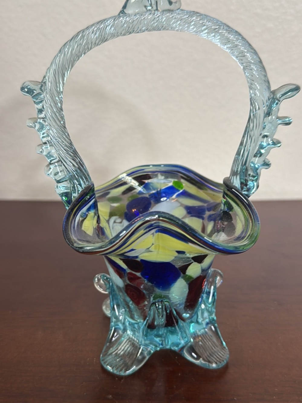 Murano Art Glass Basket in Light Blue with Multicolor Accents